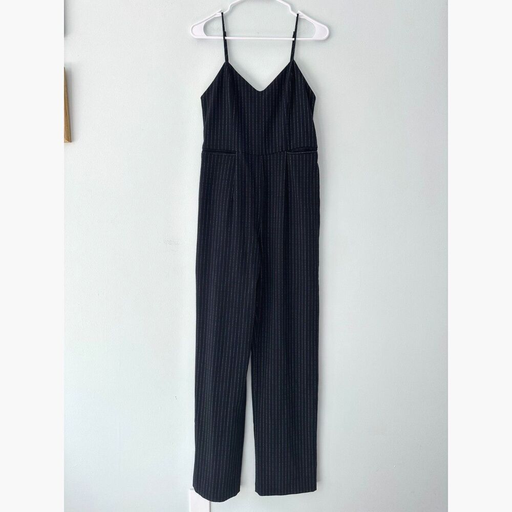 Anthropologie The Essential Jumpsuit Navy Pinstripe Flare One Piece size 0